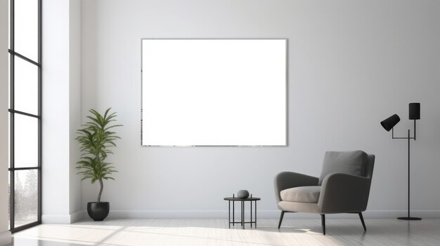 A living room with a white wall and a picture frame that says " blank ".