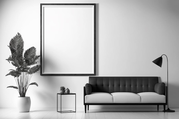 A living room with a white wall and a picture frame that says'white '