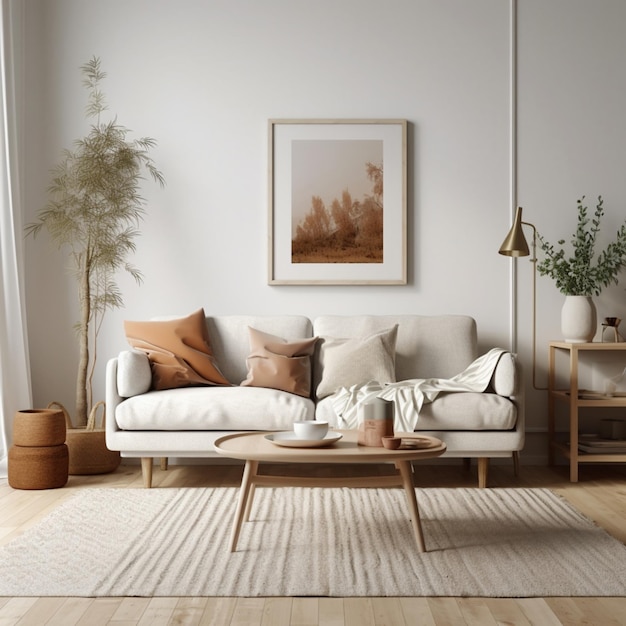 A living room with a white wall and a picture of a tree on the wall