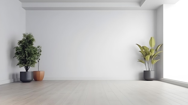Гостиная с белой стеной и растениями на полу.