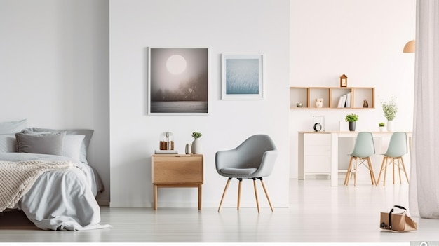 A living room with a white wall and a white chair and a table with a lamp.