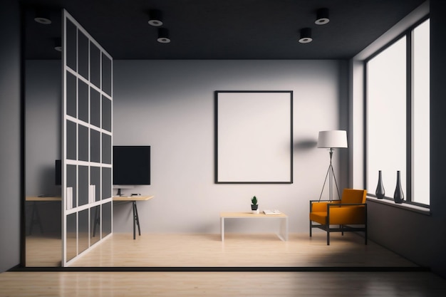 A living room with a white wall and a white shelf that says'the word " on it.