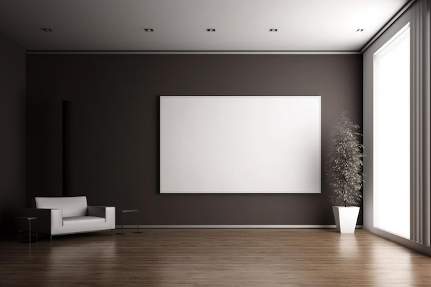 A living room with a white wall with a large white picture on it.