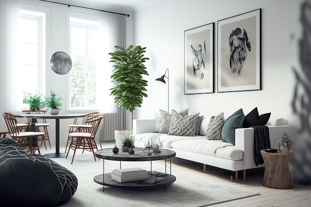 Living room with white walls sofa and decorations