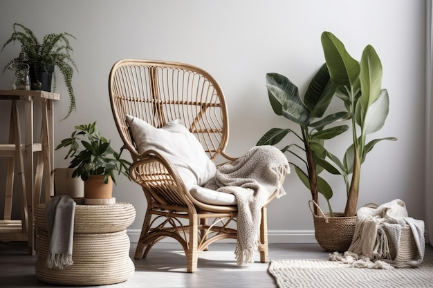 A living room with a wicker chair and plants.