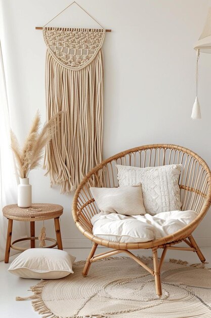 Photo a living room with a wicker chair and a table