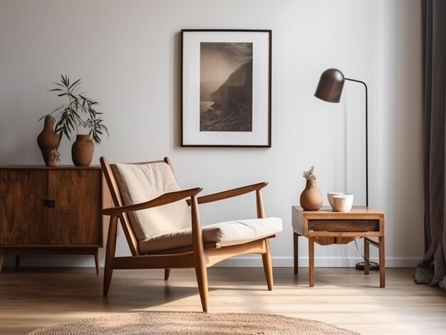 A living room with a wooden chair and a lamp on the wall.