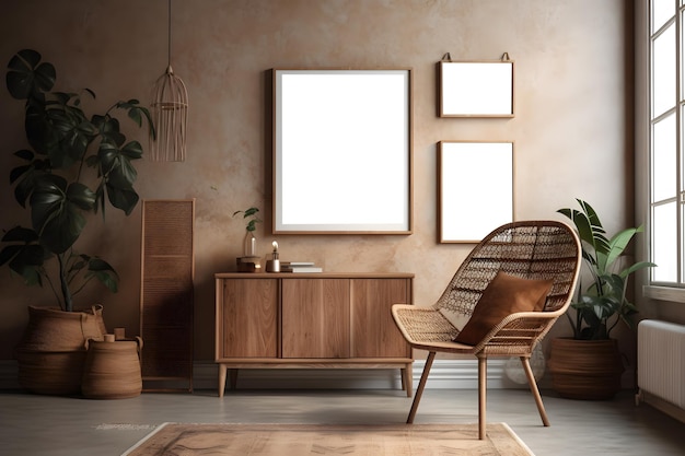 A living room with a wooden chair and a wooden cabinet with a white frame