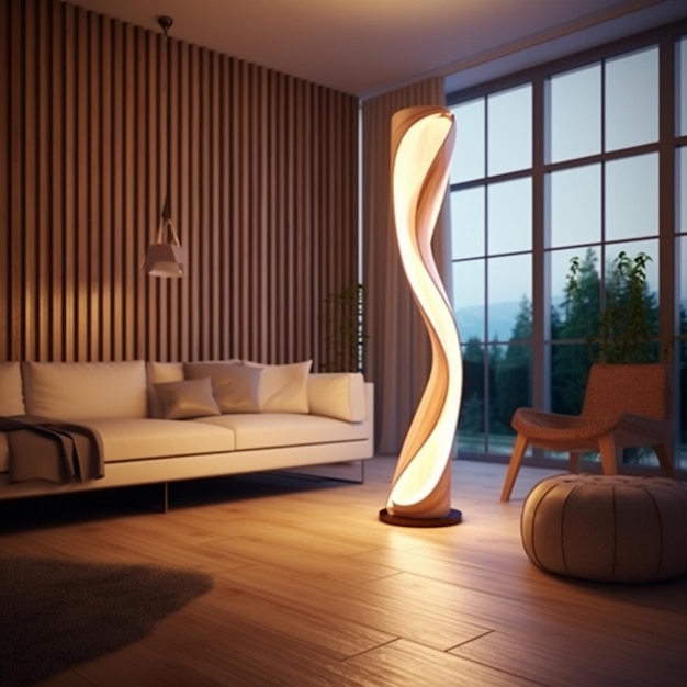 A living room with a wooden floor lamp
