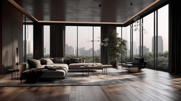 living room with wooden floor and large windows and background with the city