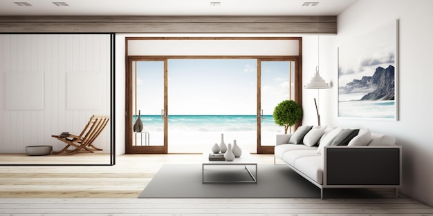 living room with wooden floor white wall background luxury Sea beach house