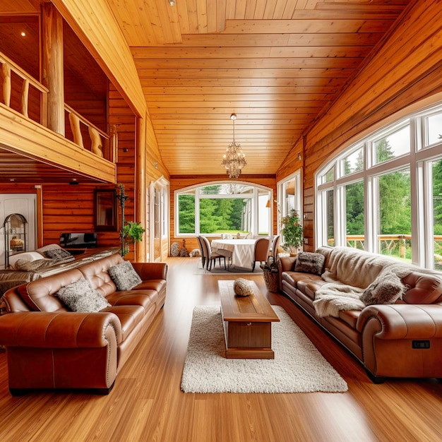 A living room with wooden floor and wooden ceiling and a large window with a beautiful view