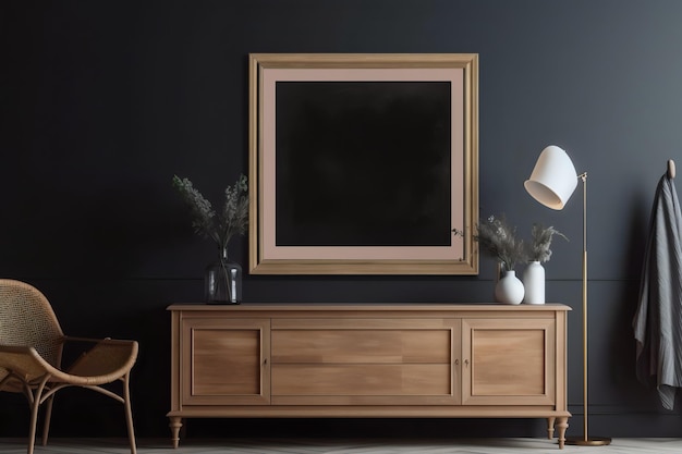 A living room with a wooden frame and a lamp on the wall.