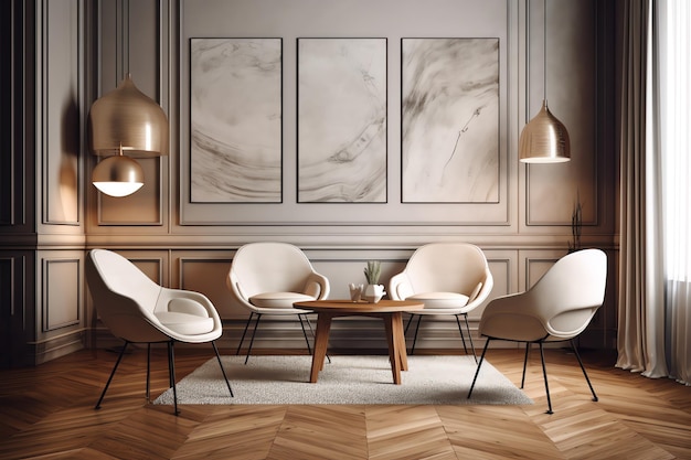 A living room with a wooden table and chairs with a coffee table in the middle.