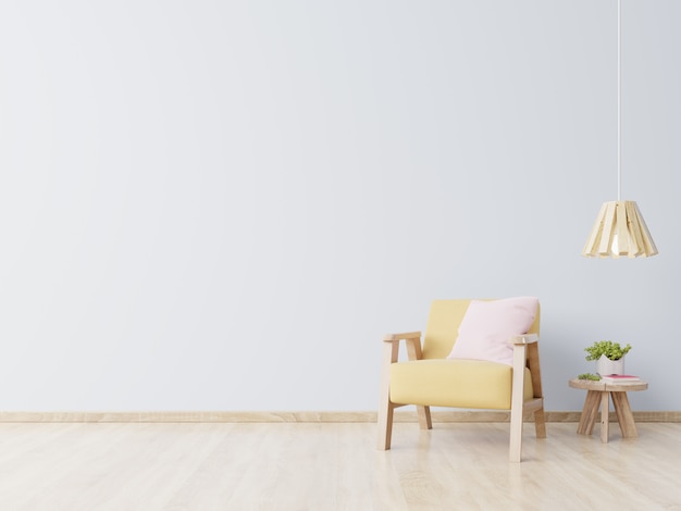 Living room with wooden table, lamps and yellow armchair.