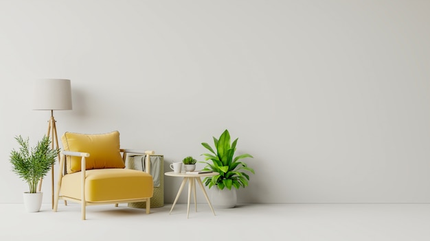 Living room with wooden table, lamps and yellow armchair