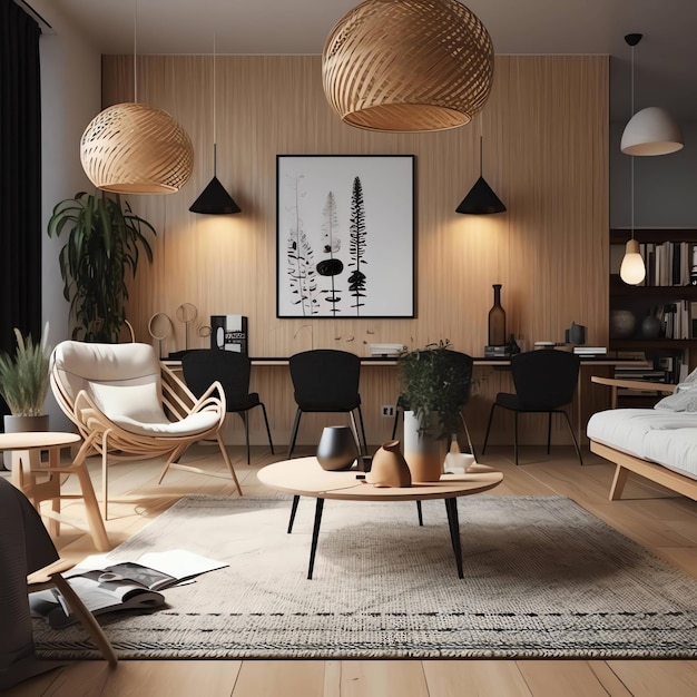 A living room with a wooden wall and a wooden table with a lamp and a chair that says'nordic'on it