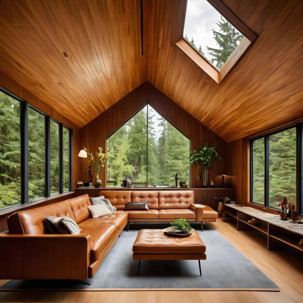 Photo a living room with wooden walls large windows and a leather couch