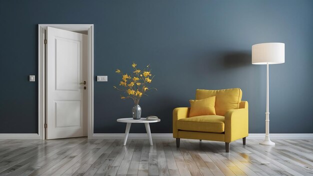 Living room with yellow armchair on empty dark blue wall background3d rendering