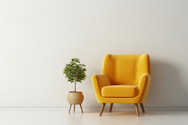 黄色の肘掛け椅子と白い壁のあるリビング ルーム