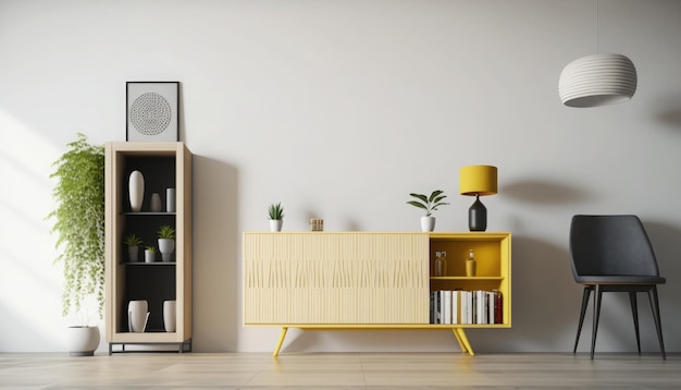 A living room with a yellow cabinet and a shelf with a fan next to it.