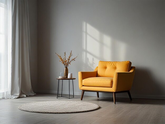 a living room with a yellow chair and a table with a vase of flowers on it