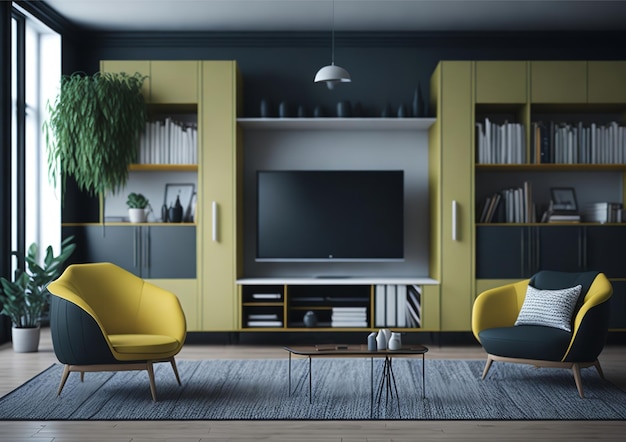 A living room with yellow chairs and a coffee table with a plant on it.