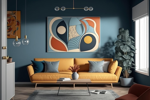 A living room with a yellow couch and a blue wall with a painting above it.