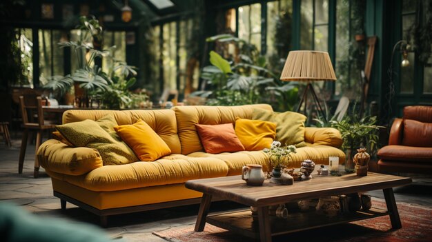 A living room with a yellow couch and a coffee table with a picture of a plant on it