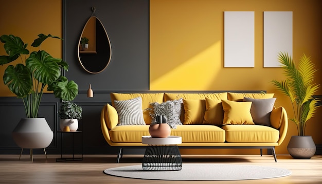 A living room with a yellow couch and a coffee table with a plant on it