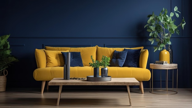 A living room with a yellow couch and a coffee table with a plant on it.