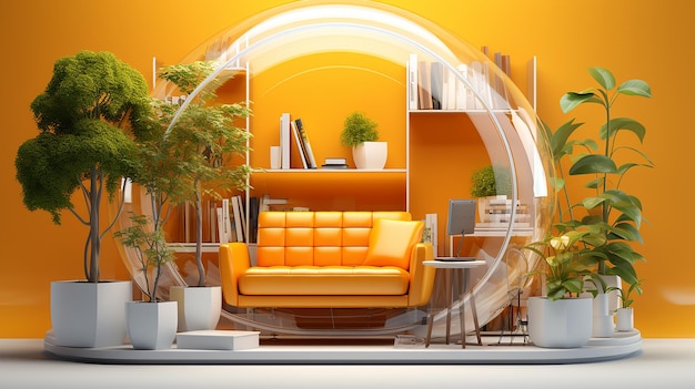 Foto un soggiorno con un divano giallo e un tavolo da caffè