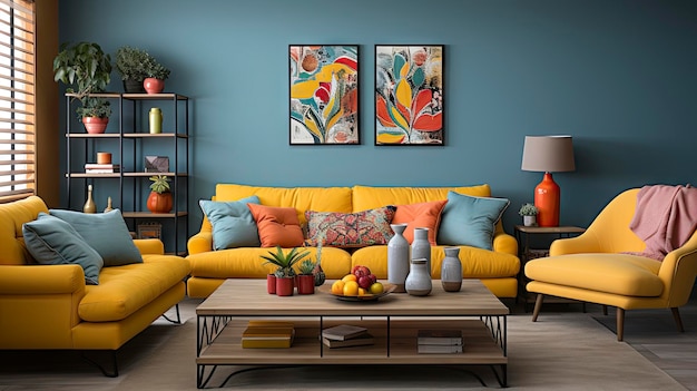 a living room with a yellow couch and a coffee table.