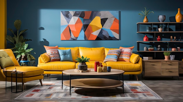 a living room with a yellow couch and a coffee table.