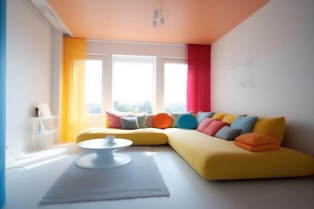 a living room with a yellow couch and a coffee table