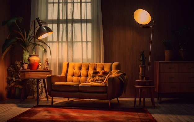 A living room with a yellow couch and a lamp.