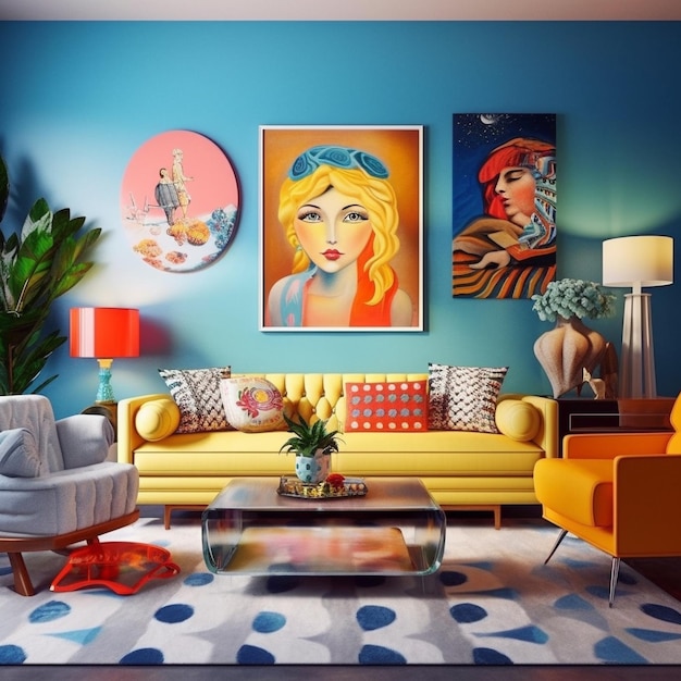 Photo a living room with a yellow couch and a painting of a woman on the wall.