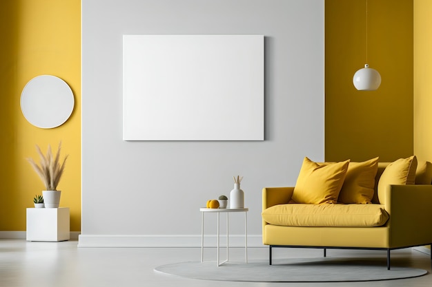 A living room with a yellow couch and a white table with a white clock on it.