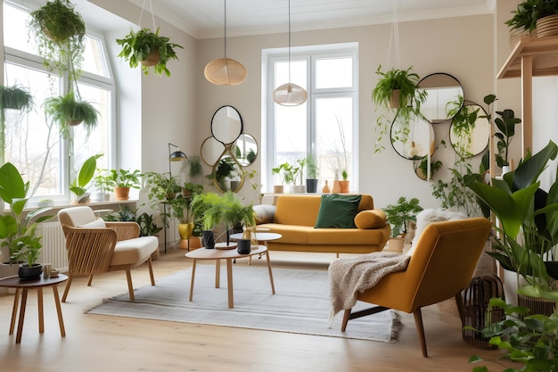 A living room with a yellow couch, a yellow chair, a yellow couch, and a yellow armchair.