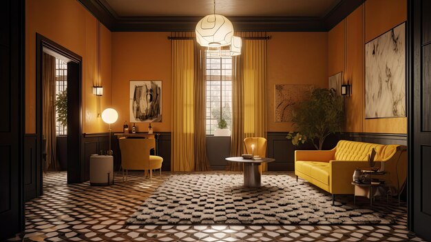 A living room with a yellow couch and a yellow couch.