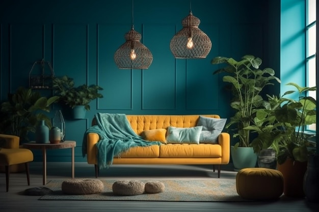 A living room with a yellow couch and a yellow sofa with a blue couch and hanging lamps.