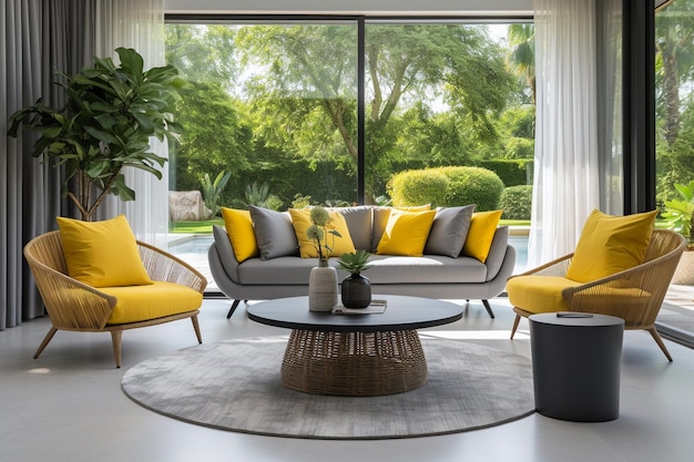 A living room with yellow and grey furniture and a coffee table