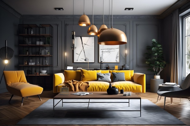 A living room with a yellow sofa and a coffee table with a large gold pendant light.