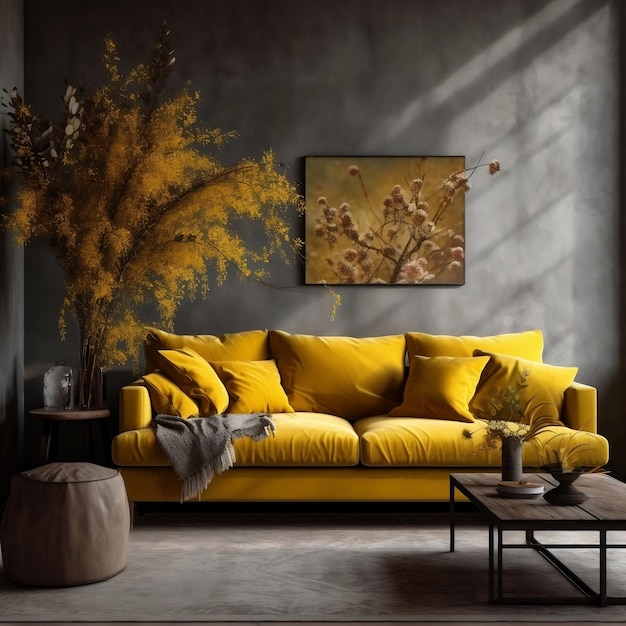 Living Room with Yellow Sofa and Dried Plants Generative AI