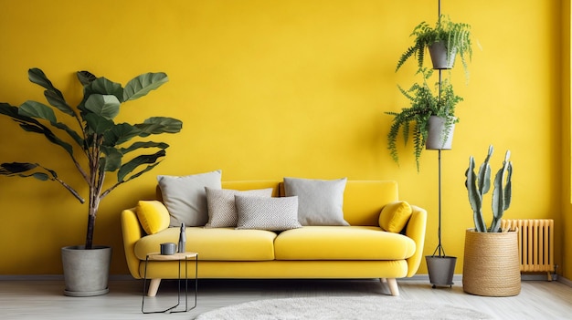 living room with yellow sofa and dried plants