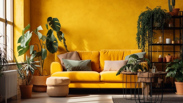 living room with yellow sofa and dried plants