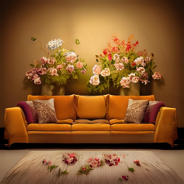 Living room with yellow sofa and flowers