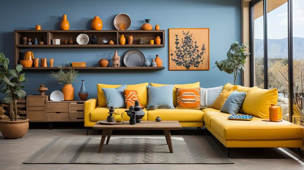 a living room with a yellow sofa and orange pillows.