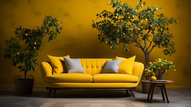 A living room with a yellow sofa and a plant on the wall