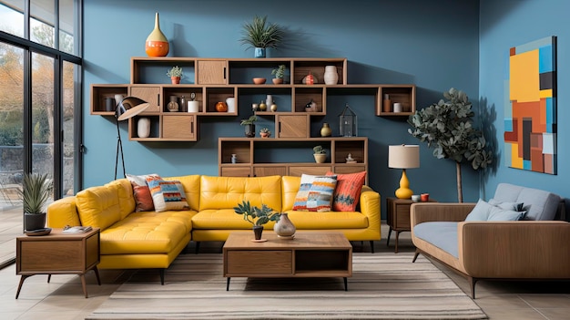 a living room with yellow sofa and yellow sofa.